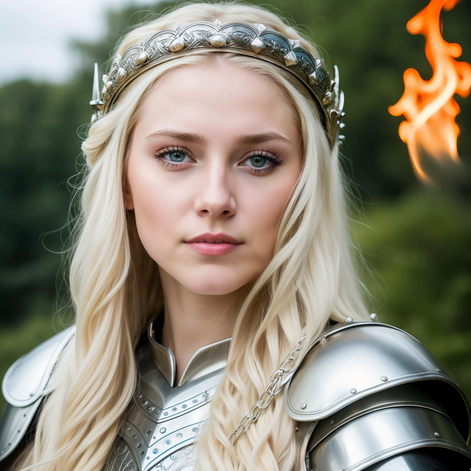 RAW photo, a close up portrait photo of a pretty 25 y.o woman in silver medieval armor, long blonde flowy hair, pale skin, slim body, blue eyes, background dark fantasy castle, (high detailed skin:1.2), magic, fire, 8k uhd, dslr, soft lighting, high quality, film grain, Fujifilm XT3