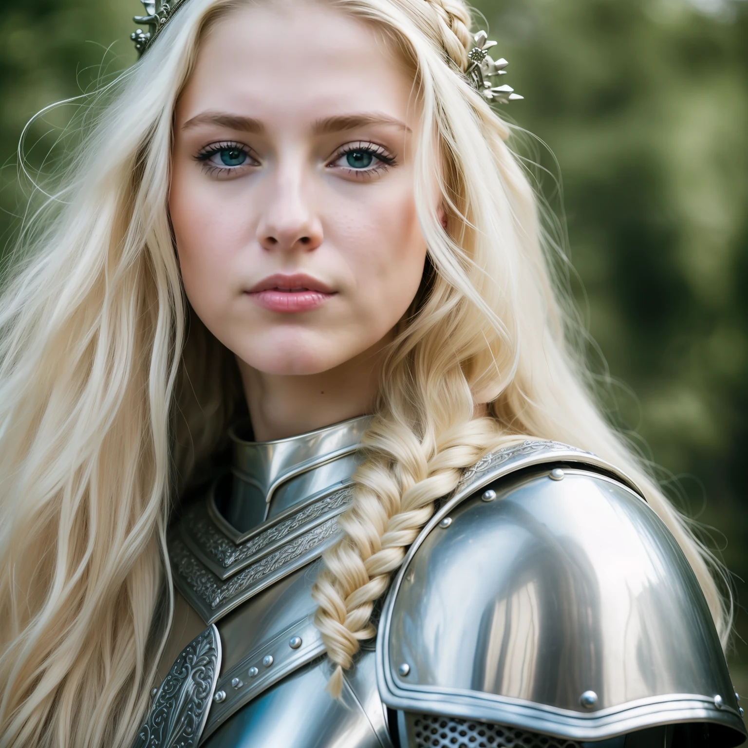 RAW photo, a close up portrait photo of a pretty 25 y.o woman in silver medieval armor, long blonde flowy hair, pale skin, slim body, blue eyes, background dark fantasy castle, (high detailed skin:1.2), magic, fire, 8k uhd, dslr, soft lighting, high quality, film grain, Fujifilm XT3