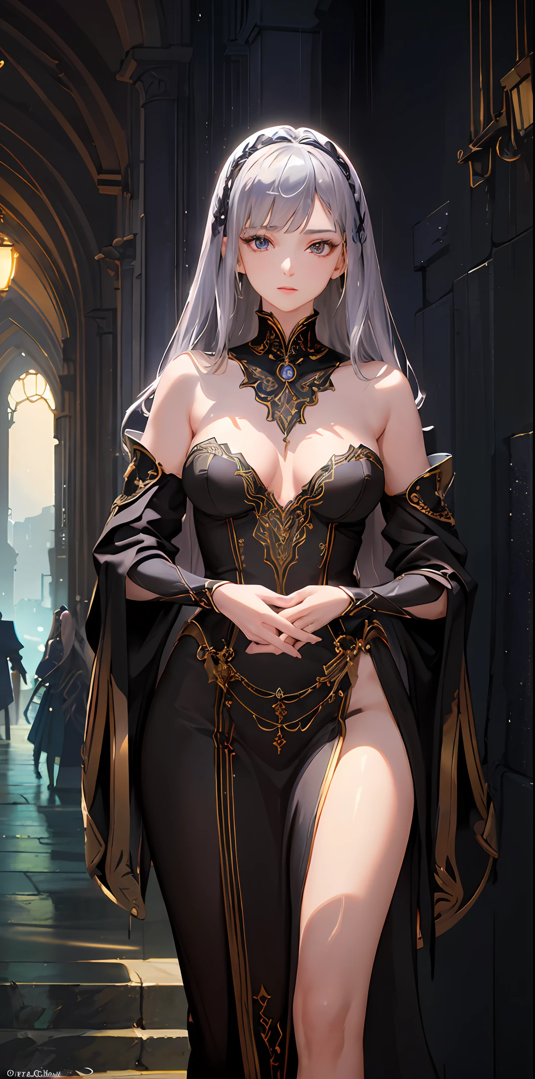 (masterpiece, best quality, super detailed, best shadows), (detailed backgrounds, dark fantasy), (beautifully detailed faces), high contrast, (best lighting, very delicate and beautiful), ((cinematic light like)) (8k, top quality, masterpiece: 1.2), one girl, headdress, portrait, (long loose silver skimpy dress: 1.1), necklace, blue nails, cute, cityscape, night, rain, wet, professional lighting, photon mapping, radiosity, physics-based rendering, (mature women: 1.1), (intricate details, taut clothes, hair ornaments: 1.2), slender figures and curves , correct limbs