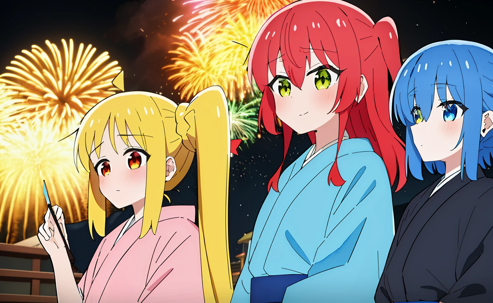 blue clothes (3girls), (KitaIkuyo Bocchi IjichiNijika), ((ink, watercolor)), in kimono very close to each other, on wood platform under anime firework in night sky, cowboy shot with hands, [detailed face with beautiful eyes], blue hair, yellow hair, red hair, pink hair, cinematic angle, intricate detail background , anime coloring, 4K highres wallpaper