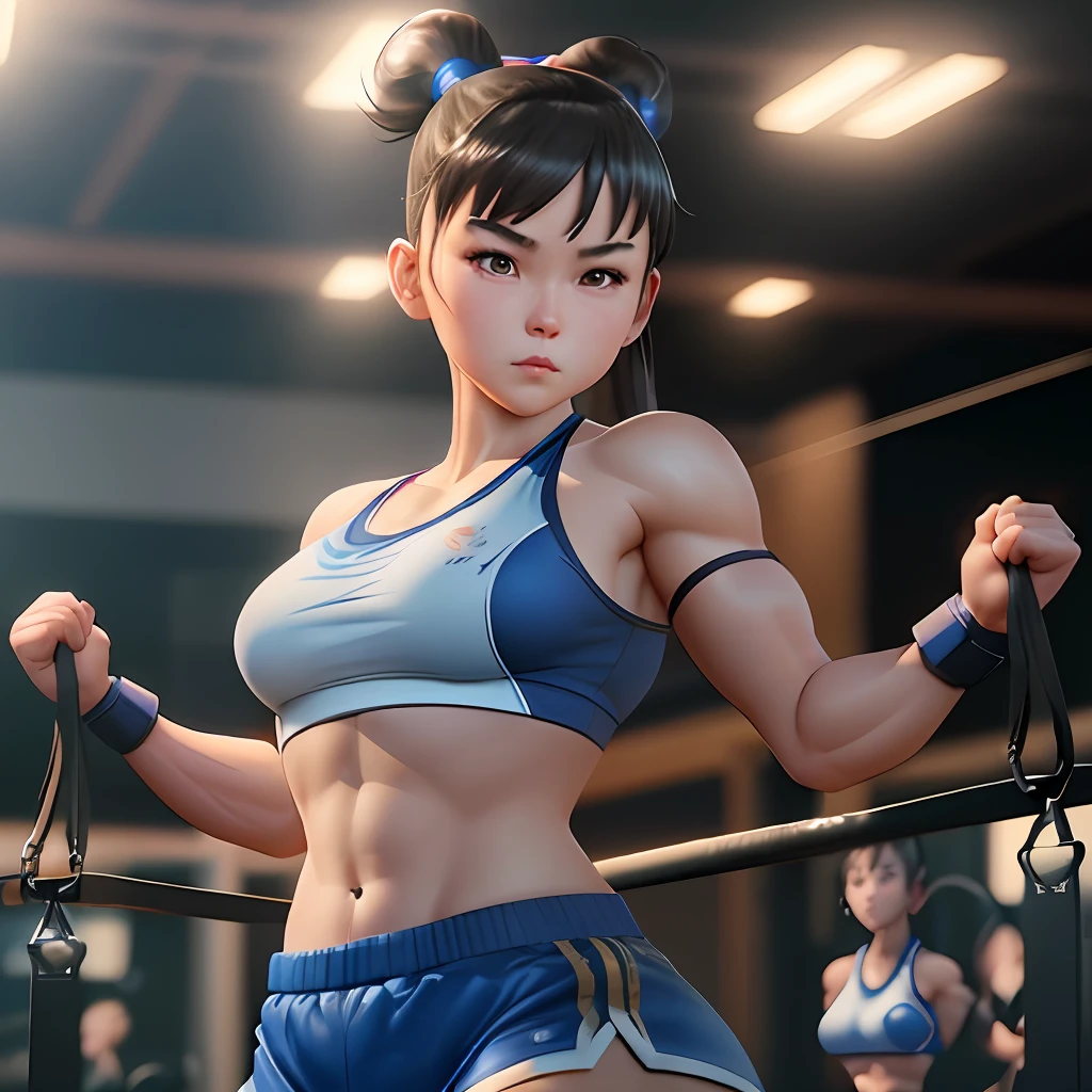 there is a young girl with a ponytail standing in a gym, chun li at the gym, realistic anime 3 d style, 3 d anime realistic, hyper realistic anime, beautiful digital artwork, smooth anime cg art, photorealistic anime girl render, photorealistic anime, muscular character, muscular girl, adorable digital painting, render of a cute 3d anime girl