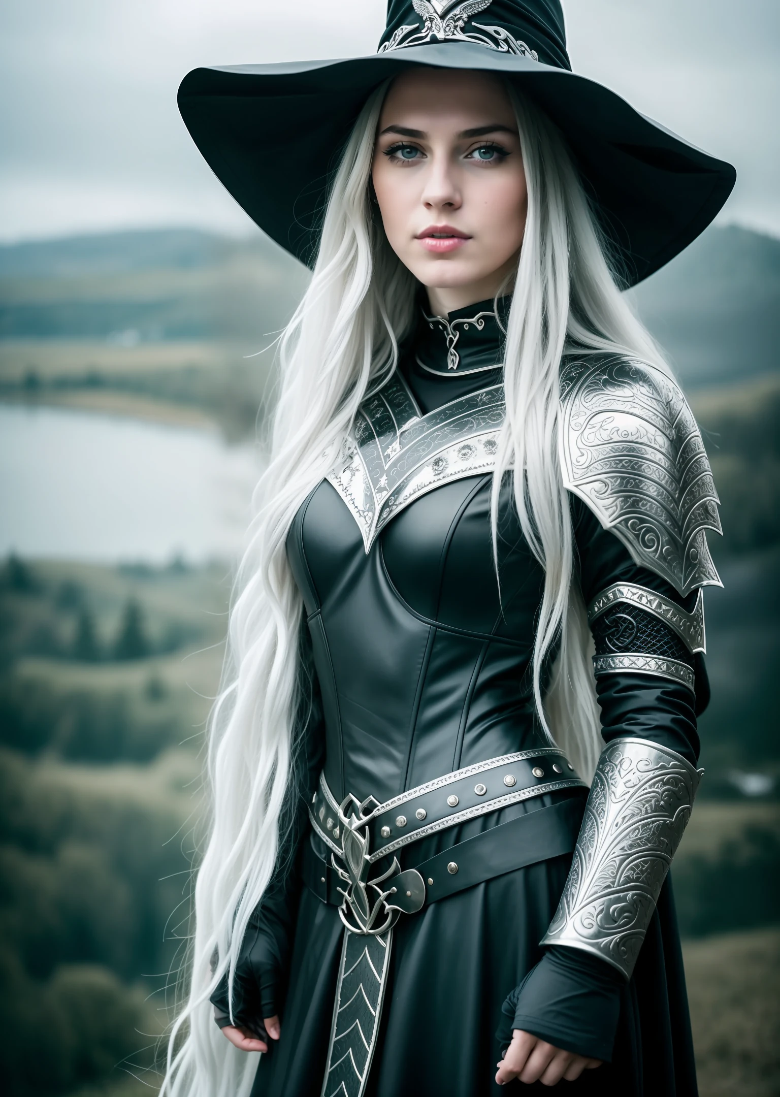 RAW photo, a portrait photo of a pretty 25 y.o woman as a witch in silver medieval armor, long blonde flowy hair, pale skin, slim body, blue eyes, background dark fantasy castle, (high detailed skin:1.2), magic, fire, 8k uhd, dslr, soft lighting, high quality, film grain, Fujifilm XT3, full body, dark fantasy, (night time), fierce expression, (full body), no hat, angry