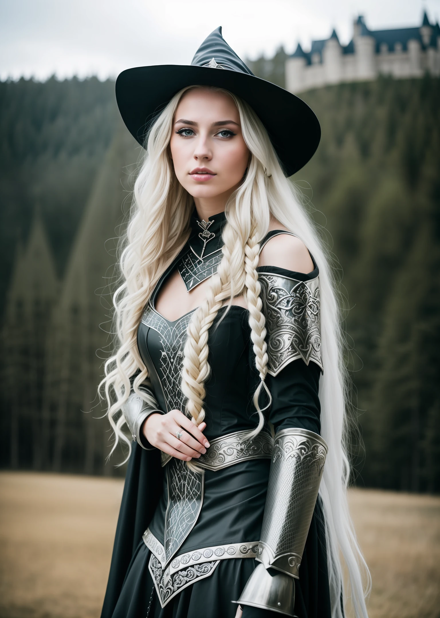RAW photo, a portrait photo of a pretty 25 y.o woman as a witch in silver medieval armor, long blonde flowy hair, pale skin, slim body, blue eyes, background dark fantasy castle, (high detailed skin:1.2), magic, fire, 8k uhd, dslr, soft lighting, high quality, film grain, Fujifilm XT3, full body, dark fantasy, (night time), fierce expression, (full body), no hat, angry