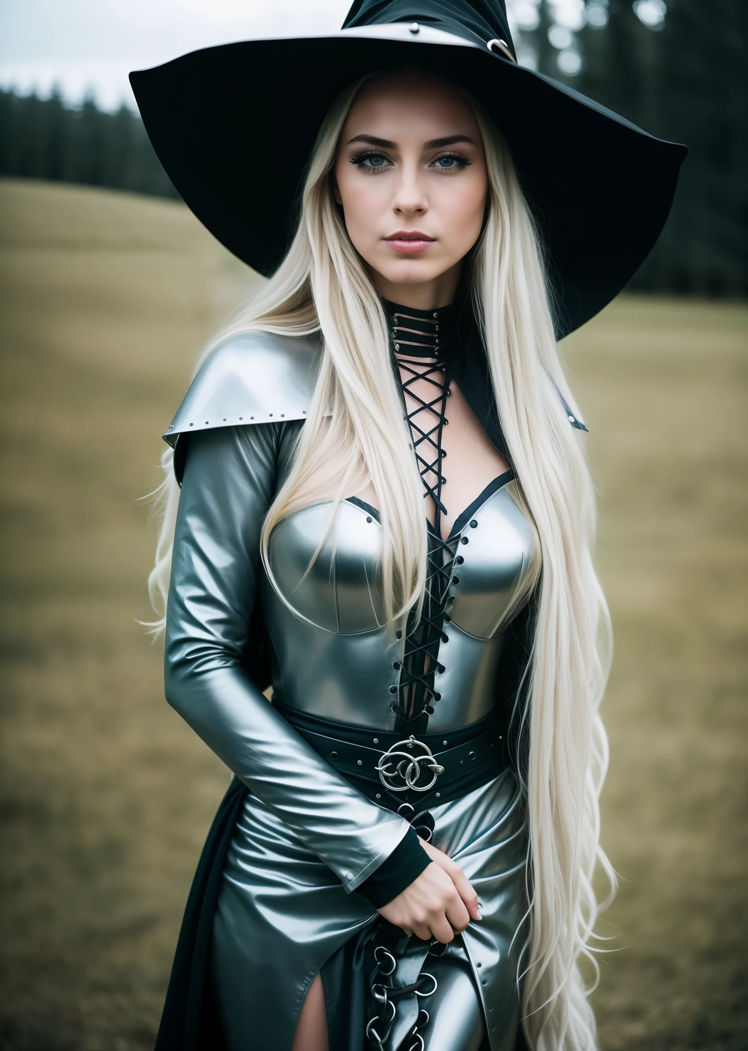 RAW photo, a portrait photo of a pretty 25 y.o woman as a witch in silver medieval armor, long blonde flowy hair, pale skin, slim body, blue eyes, background dark fantasy castle, (high detailed skin:1.2), magic, fire, 8k uhd, dslr, soft lighting, high quality, film grain, Fujifilm XT3, full body, dark fantasy, (night time), fierce expression, (full body), no hat, angry