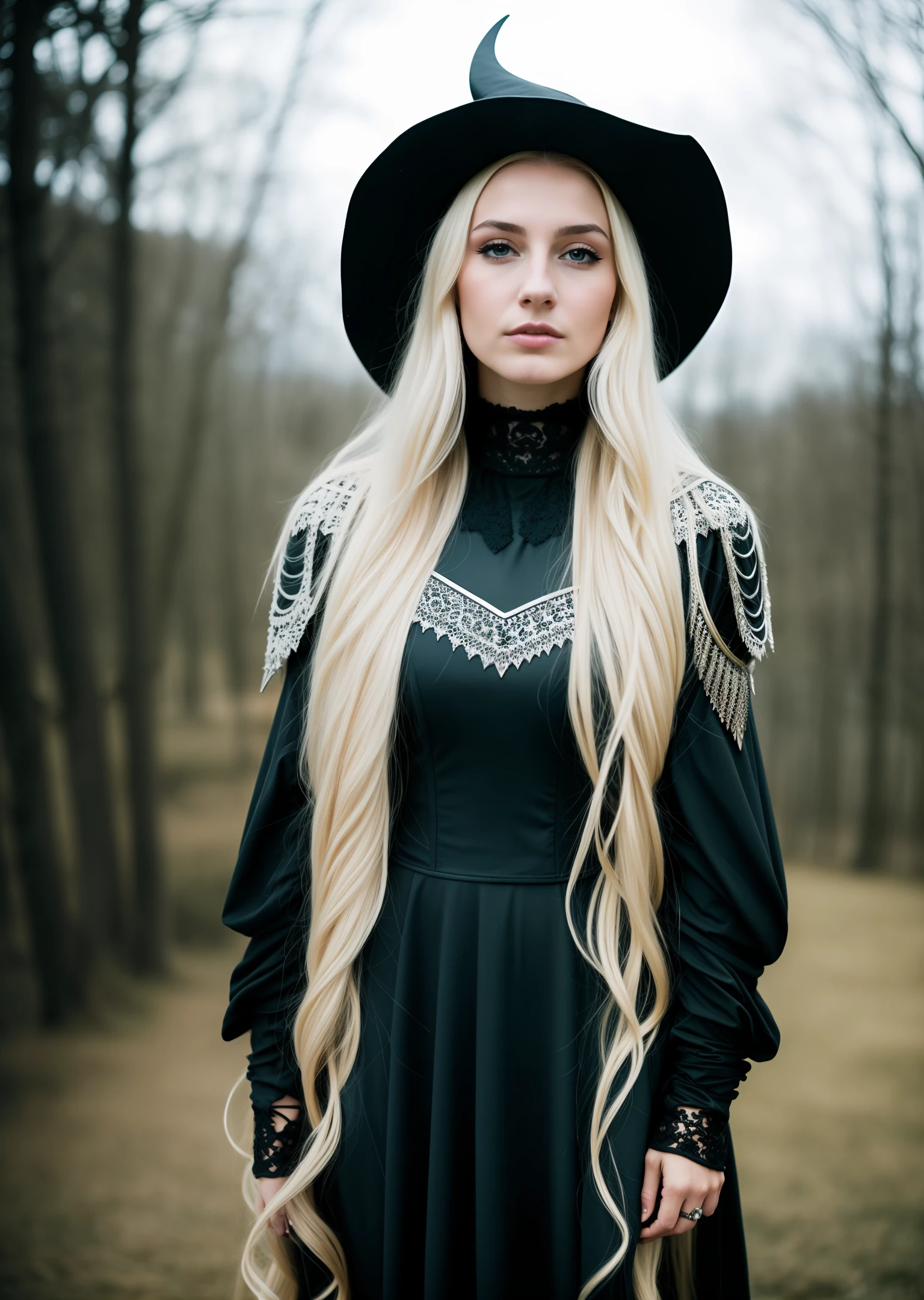 RAW photo, a portrait photo of a pretty 25 y.o woman as a witch in black medieval armor, long blonde flowy hair, pale skin, slim body, blue eyes, background dark fantasy castle, (high detailed skin:1.2), magic, fire, 8k uhd, dslr, soft lighting, high quality, film grain, Fujifilm XT3, full body, dark fantasy, (night time), fierce expression, (full body), no hat, angry, night, dark, darkness