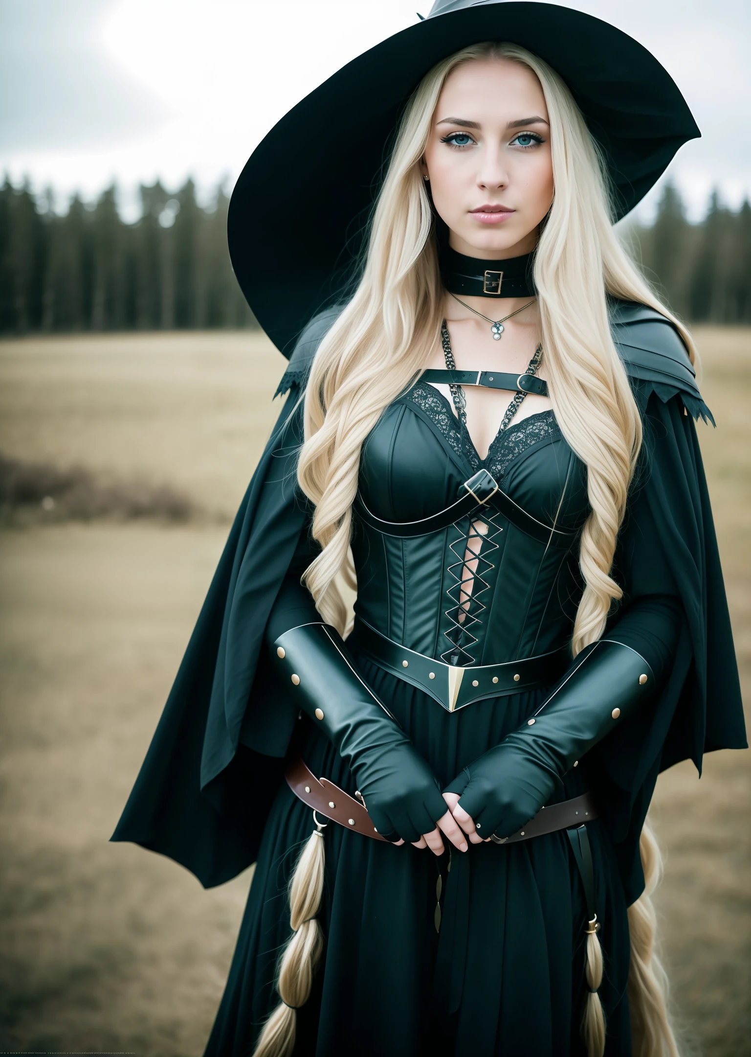 RAW photo, a portrait photo of a pretty 25 y.o woman as a witch in black medieval armor, long blonde flowy hair, pale skin, slim body, blue eyes, background dark fantasy castle, (high detailed skin:1.2), magic, fire, 8k uhd, dslr, soft lighting, high quality, film grain, Fujifilm XT3, full body, dark fantasy, (night time), fierce expression, (full body), no hat, angry, night, dark, darkness