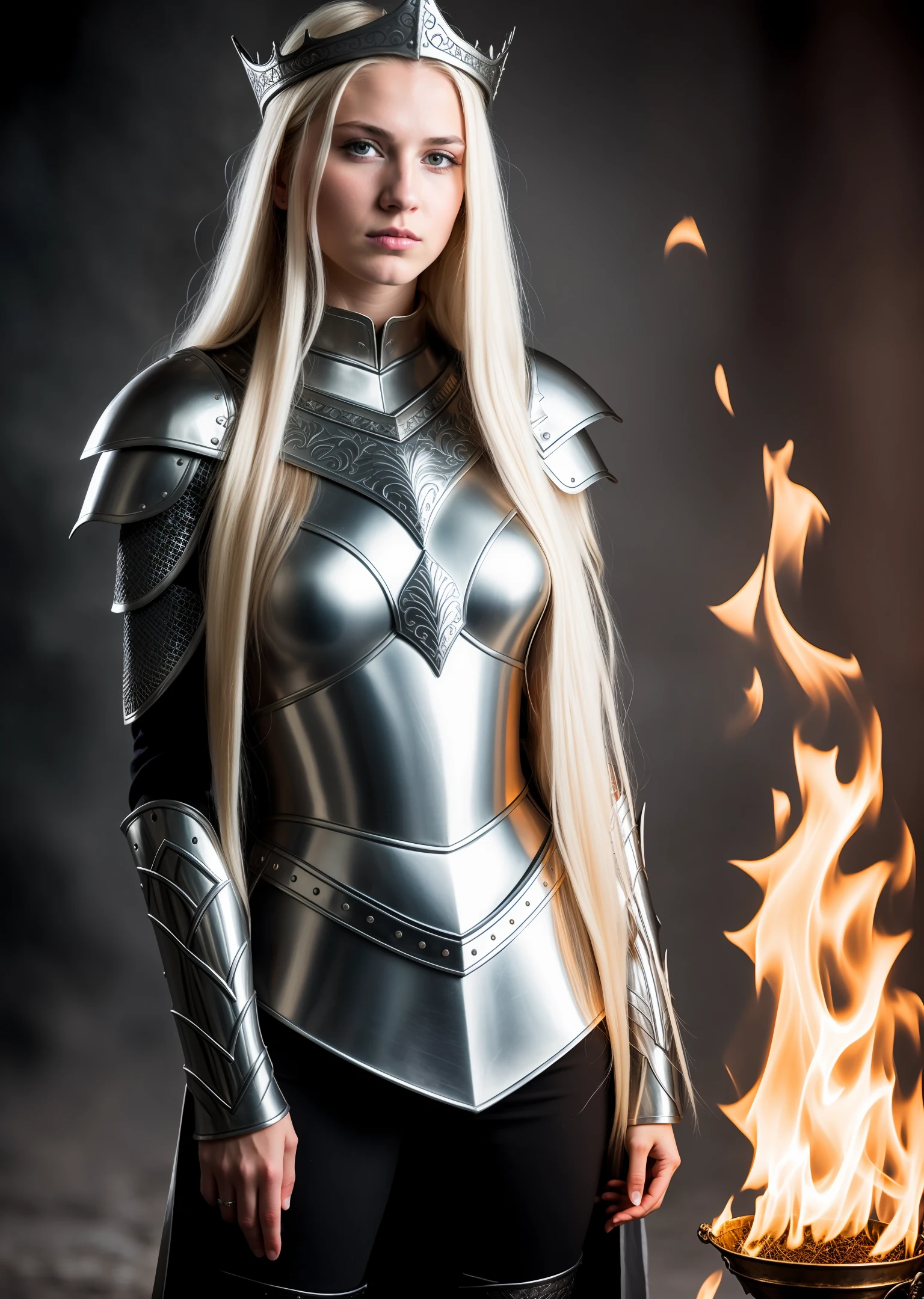 RAW photo, a portrait photo of a pretty 25 y.o woman as a wizard in silver medieval armor, long blonde flowy hair, pale skin, slim body, blue eyes, background dark fantasy castle, (high detailed skin:1.2), magic, fire, 8k uhd, dslr, soft lighting, high quality, film grain, Fujifilm XT3, full body, dark fantasy, (night time), fierce expression, (full body), no hat, angry, night, dark, darkness, no helmet