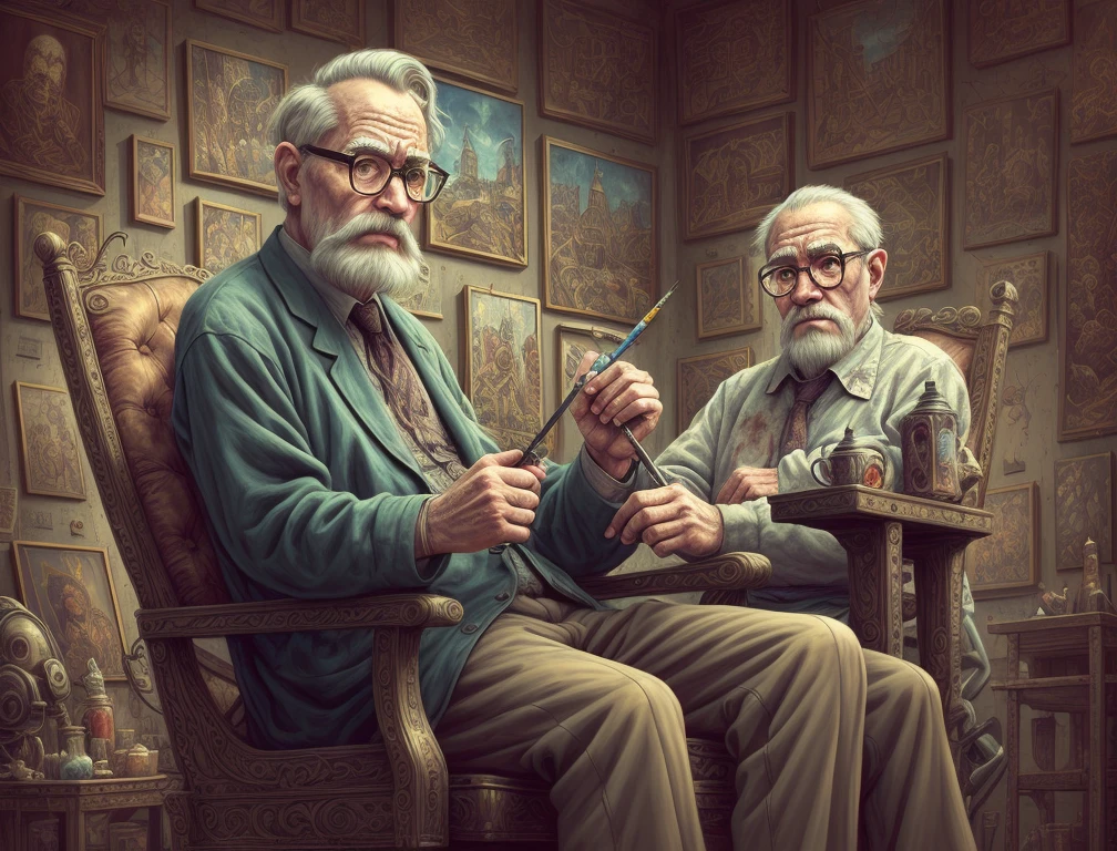 oldman in chair, complex stuff around, intricate in the background, art, close up, painting, detailed, cartoon, cinematic shot, fantasy, low saturation, vignette, [hdr]