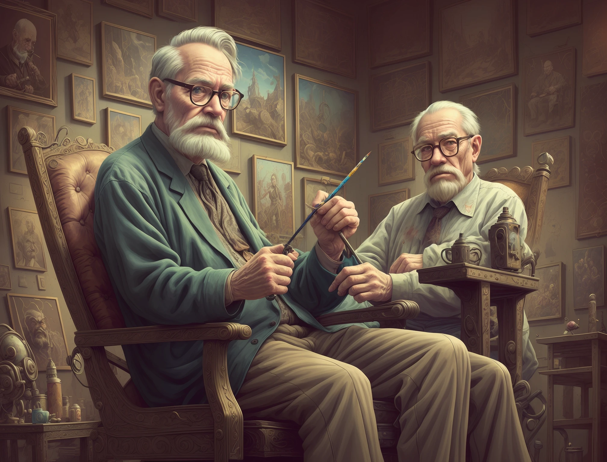 oldman in chair, complex stuff around, intricate in the background, art, close up, painting, detailed, cartoon, cinematic shot, fantasy, low saturation, vignette, [hdr]