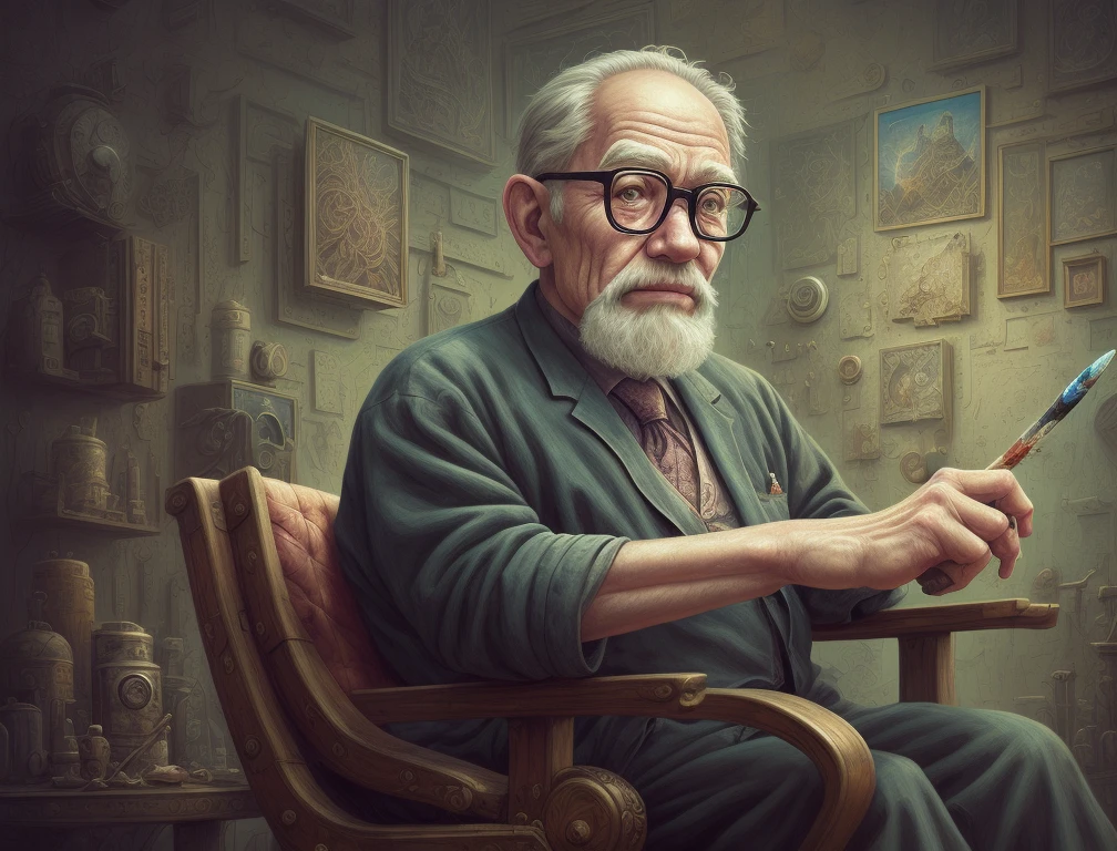 oldman in chair, complex stuff around, intricate in the background, art, close up, painting, detailed, cartoon, cinematic shot, fantasy, low saturation, vignette, [hdr]