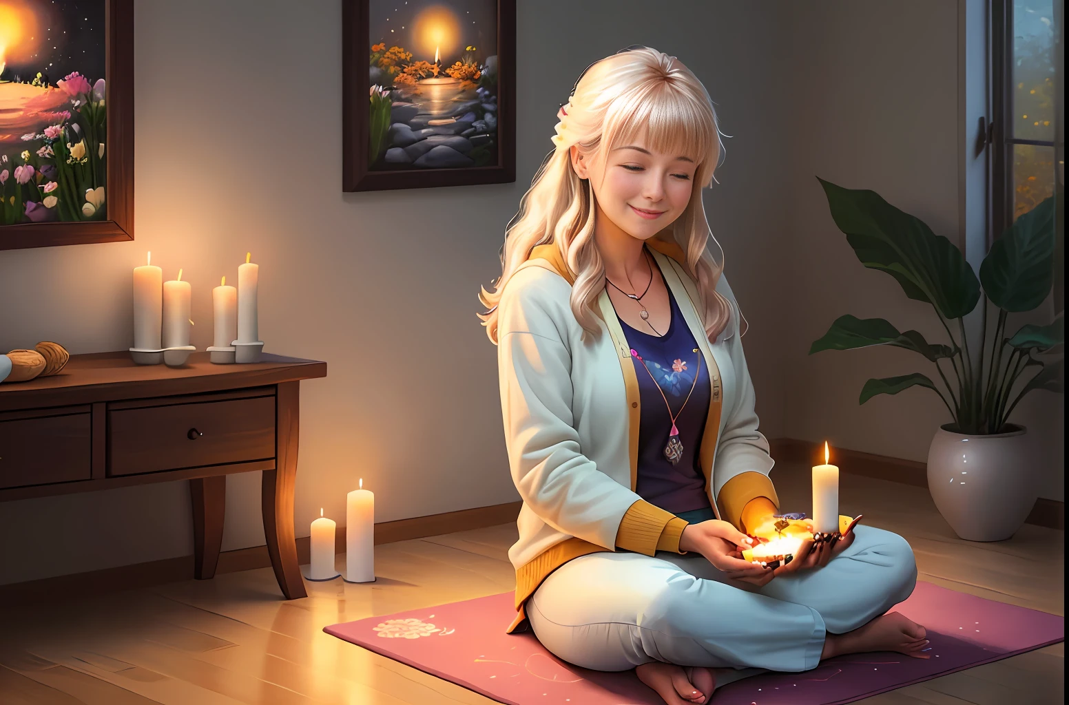 Image of a smiling woman, detailed face, sitting on a meditation mat in a cozy and bright room. Candles are visible around it, symbolizing peace and relaxation. Flowers are in her hands, and in the background are paintings of nature and quotes about positivity and inner well-being.