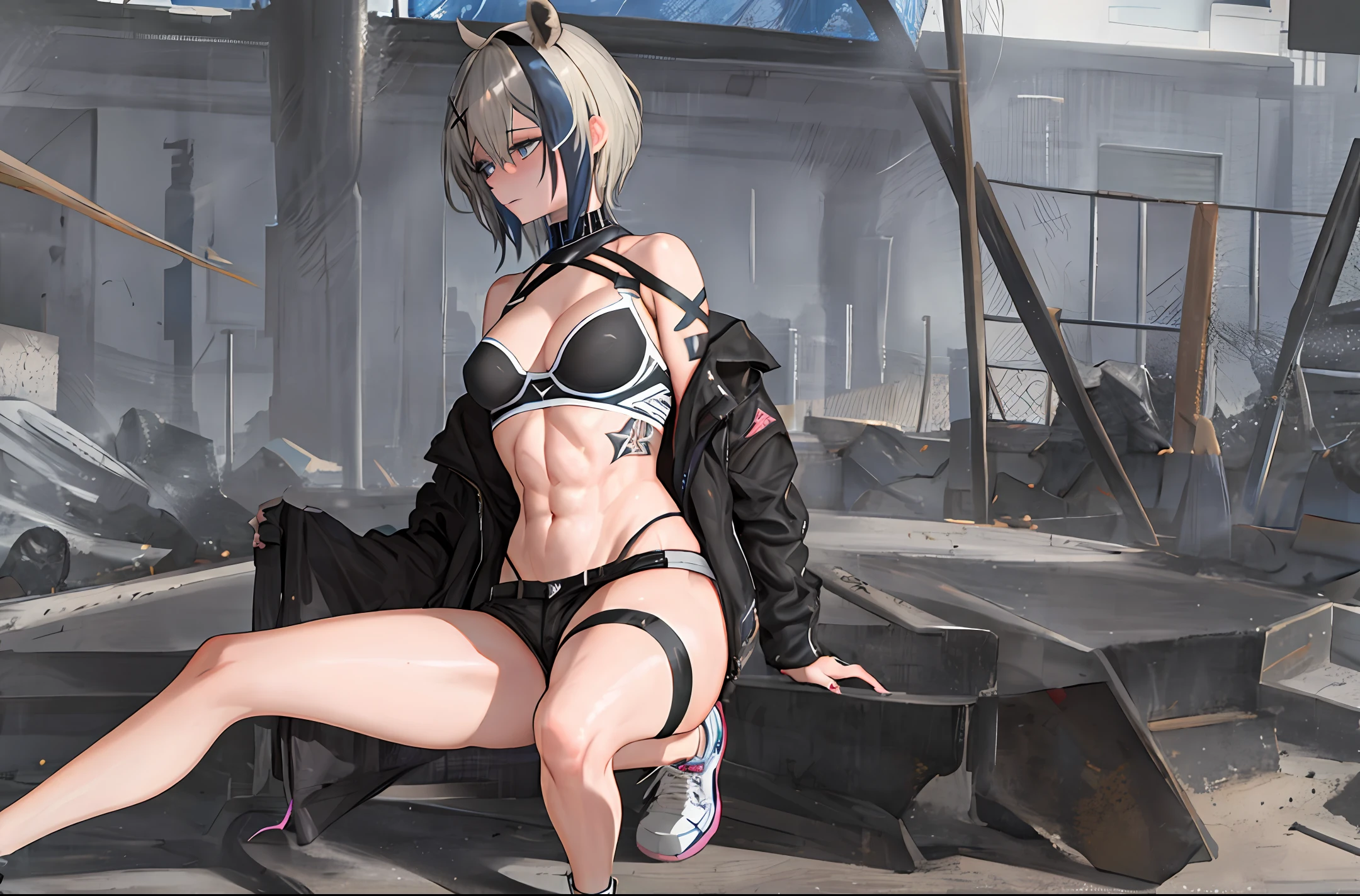 ((Masterpiece)), ((Top Quality)), ((Super Detail)), (Very Beautiful and Beautiful Woman: 1.4), Messy Gray Hair, Nails. Beautiful detail, very detailed, beautiful eye detail, beautiful light detail, shiny skin, shiny hair, intricate detail, X movie angle, sexy punk girl, close-up, naked, supine, (ultra-realistic digital illustration ), High Lesbian, Top Quality, Fun, Graffiti Skatepark, Day, Low Angle, Toned Muscle, Olive Skin, Medium Tits, Blue Eyes, Short Blonde Undercut Hair, Dirty Sports Bra, Tight Spandex Shorts, high-top sneakers, confident expression, bright natural light, sexy abs, beautiful legs spreading, lewd, NSFW, stripping ((camel legs visible)