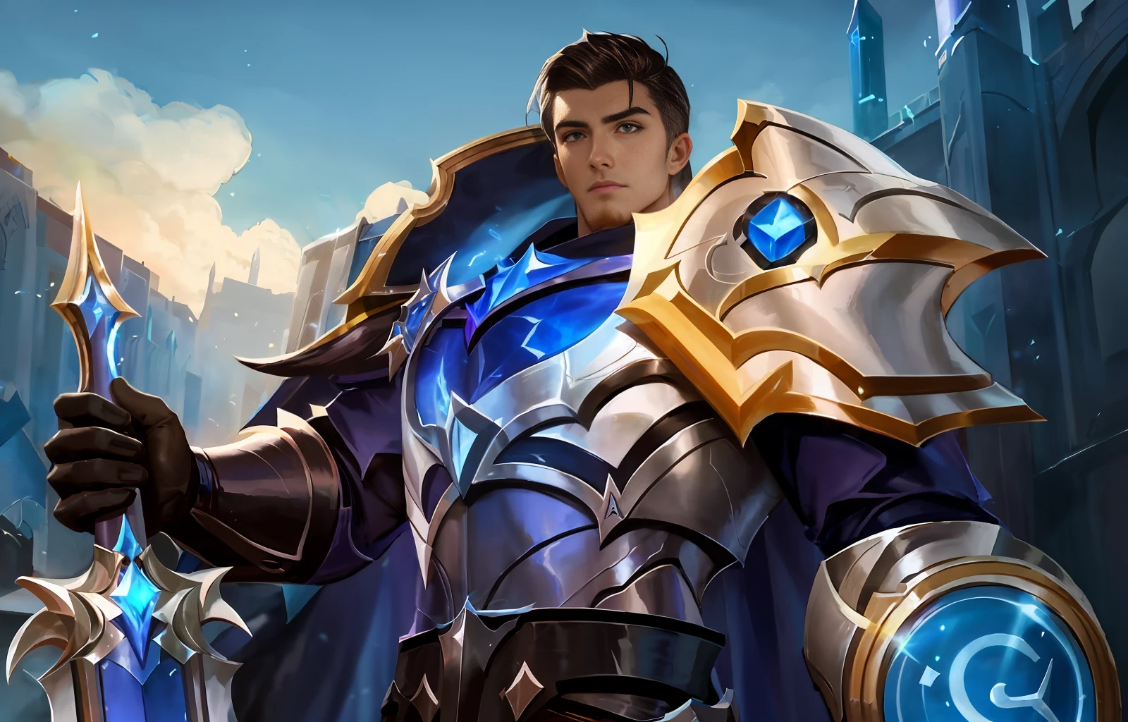Close up of a man in blue holding a sword, arcane jayce, wild rift, human male paladin, sylas, league of legends character, male paladin, arsen lupin as paladin, epic hero Combat footage, official splash art, hero character art, paladins, Kiranyana's style, male Sigma, more details, HD details