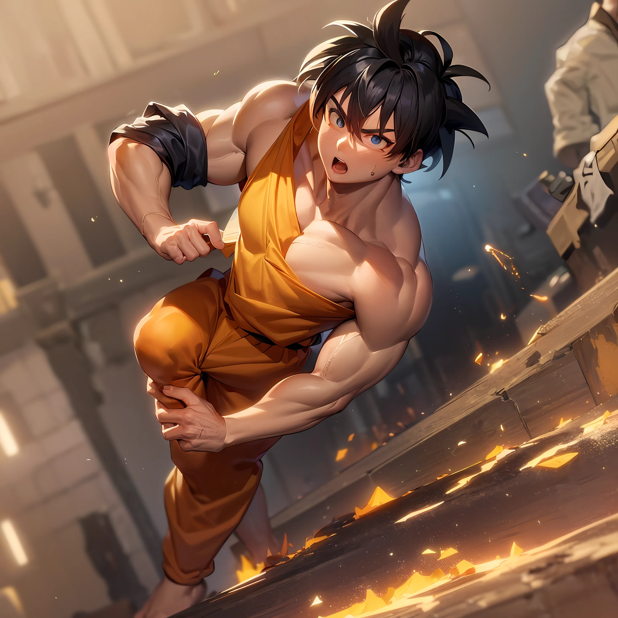 son goku, 1boy, battle damage, muscular, solo, torn clothes, looking straight, very detailed, hd, masterpiece, 8k, professional, symmetrical, (detailed eyes, eye iris:1.2), (looking at the camera:0.8) in the style of dragon ball z, blue eyes, yellow hair, super saiyan 2, SSj2, sparking