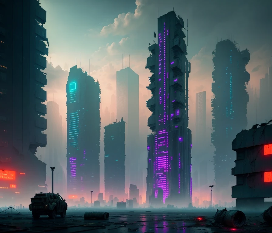 cyberpunk, city, destroyed, apocalypse, abandoned, extremely detailed