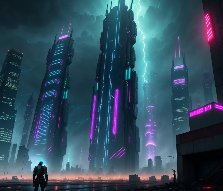 massive cyberpunk city, massive war, storm, apocalypse