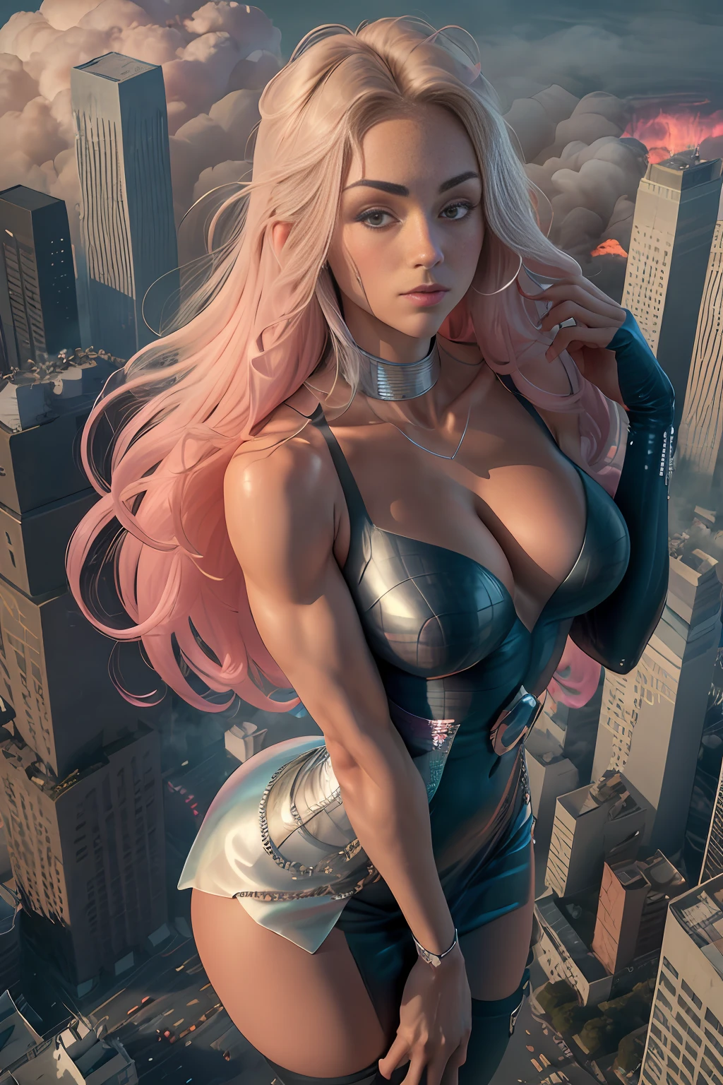 RAW photo, masterpiece, 100 meters tall, ((from above)), giantess, in city, towering over city, destruction, smoke, detailed, intricate, toned, blush, afterglow, (abs:0.85), (biceps:0.85), messy hair, (medium breasts:0.75), (large breasts:0.75), skinny, collarbone, looking at viewer, looking up