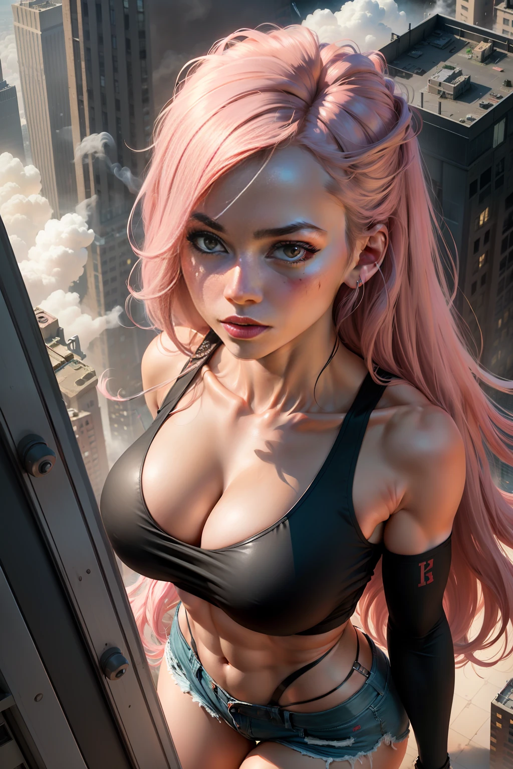 RAW photo, masterpiece, 100 meters tall, ((from above)), giantess, in city, towering over city, destruction, smoke, detailed, intricate, toned, blush, afterglow, (abs:0.85), (biceps:0.85), messy hair, (medium breasts:0.75), (large breasts:0.75), skinny, collarbone, looking at viewer, looking up