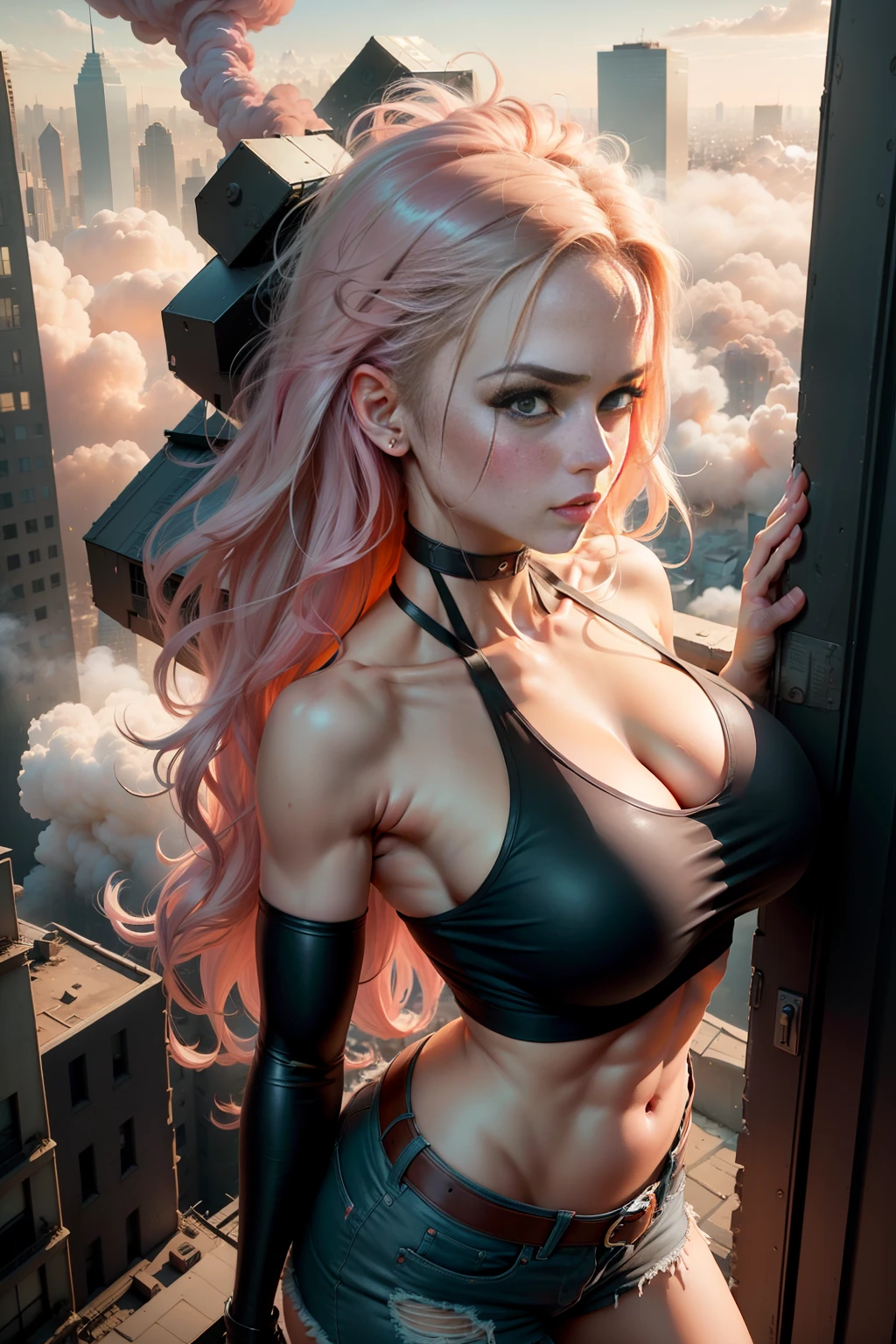 RAW photo, masterpiece, 100 meters tall, ((from above)), exposed midriff, giantess, in city, towering over city, destruction, smoke, detailed, intricate, toned, blush, afterglow, (abs:0.85), (biceps:0.85), messy hair, (medium breasts:0.75), (large breasts:0.75), skinny, collarbone, looking at viewer, looking up