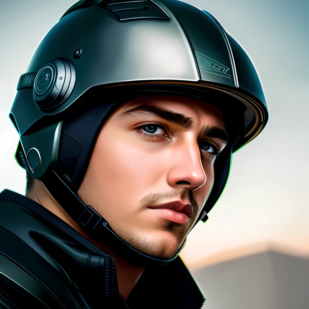 masterpiece, best quality, realistic, ultra detailed, sfw, head shot, a portrait of a young man, starsector, sci-fi military style helmet, tech gadgets,