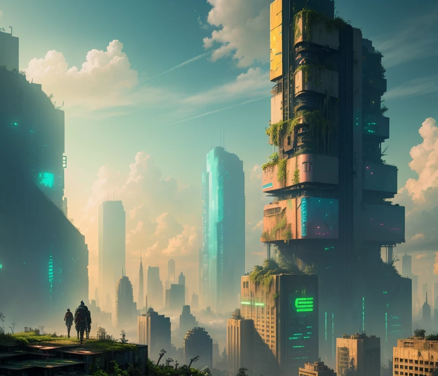 long abandoned beautiful overgrown dystopian cyberpunk city, sunny weather, clouds, tall buildings, moss, many plants