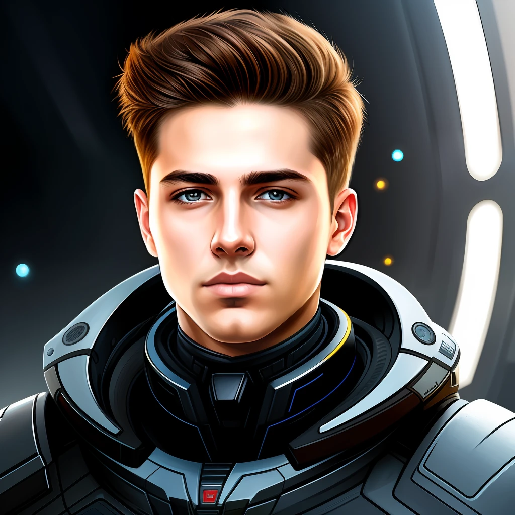 masterpiece, best quality, realistic, ultra detailed, sfw, head shot, a portrait of a young man, starsector, sci-fi style suits, tech gadgets,