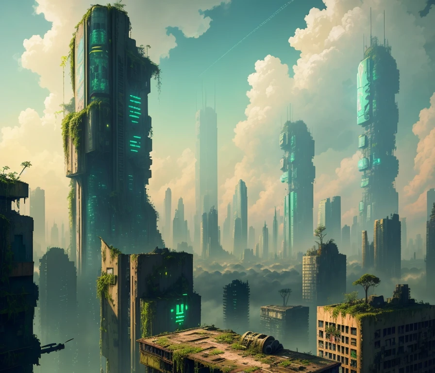 long abandoned beautiful overgrown dystopian cyberpunk city, sunny weather, clouds, tall buildings, moss, many plants, after a war, ruins