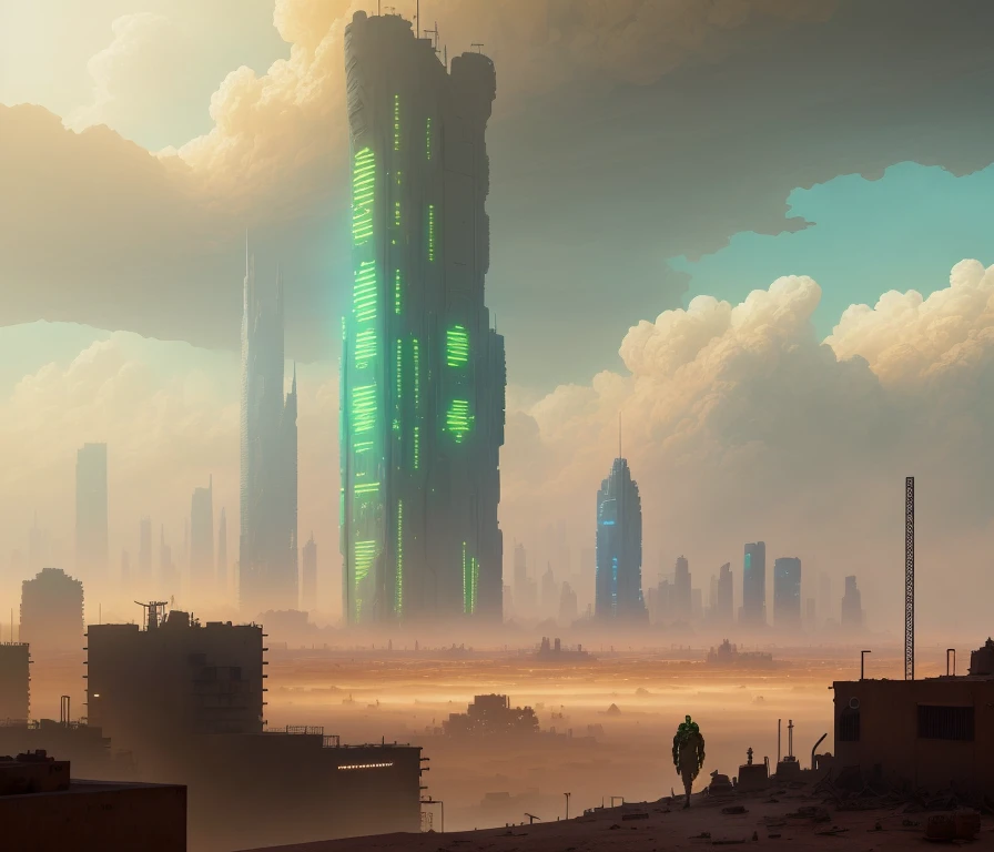 long abandoned beautiful desert dystopian cyberpunk city, sandstorm weather, clouds, tall buildings, moss, small amount of plants, after a war, ruins, hyper realistic, wasteland,