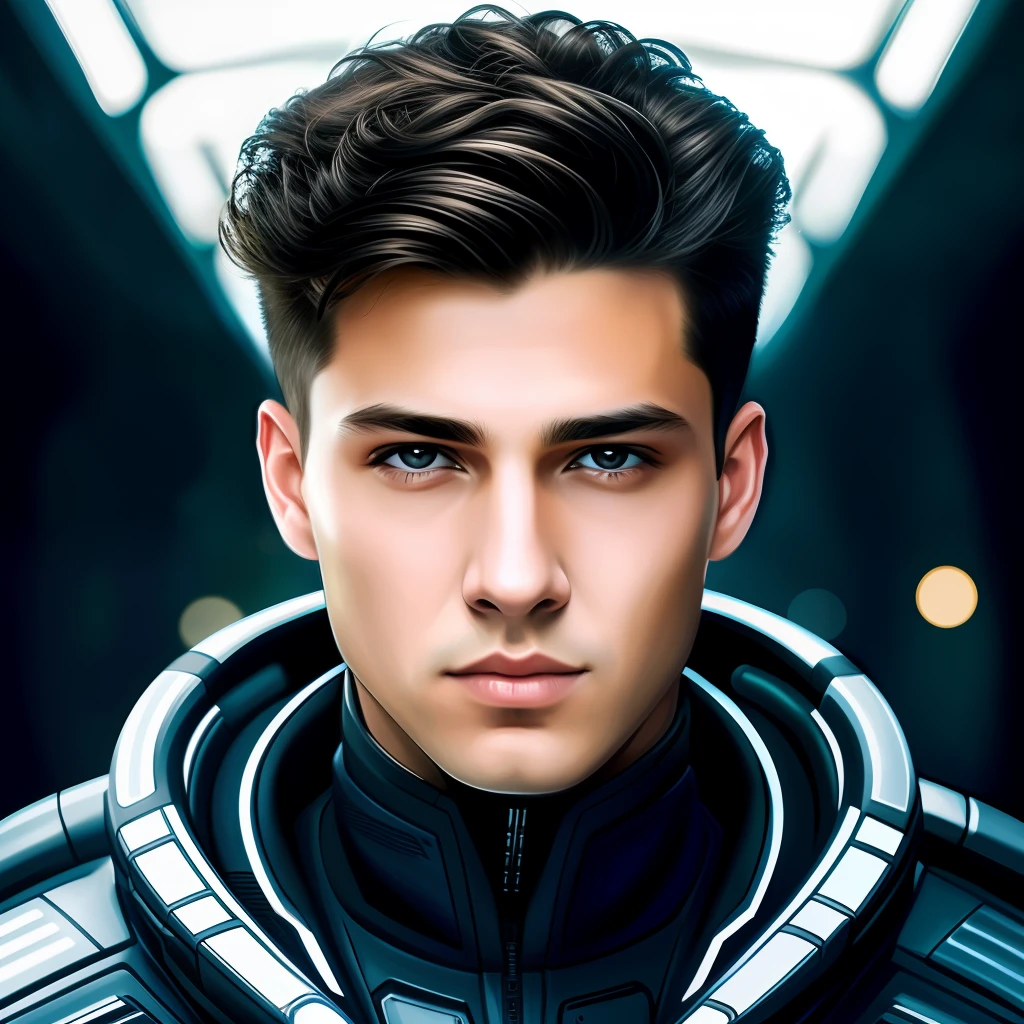 masterpiece, best quality, realistic, ultra detailed, sfw, head shot, a portrait of a young man, starsector, sci-fi style suits,
