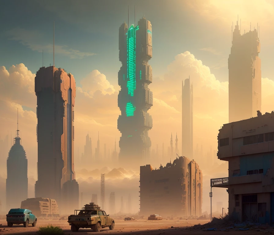 long abandoned beautiful desert dystopian cyberpunk city, sandstorm weather, clouds, tall buildings, moss, small amount of plants, after a war, ruins, hyper realistic, wasteland, destroyed vehicles and military tech, no electricity, expansive view of, space elevator in the middle that is destroyed