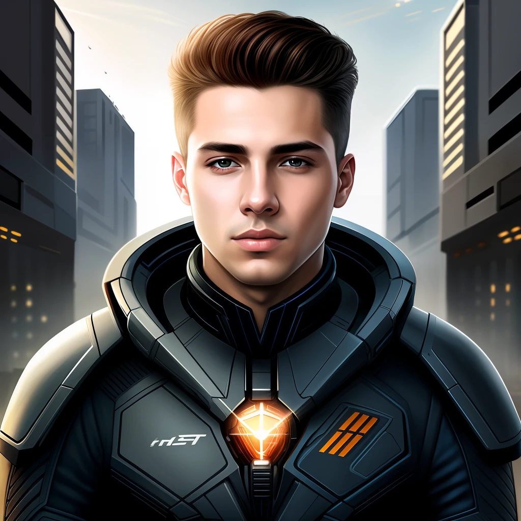 masterpiece, best quality, realistic, ultra detailed, sfw, head shot, a portrait of a young man, starsector, sci-fi style suits, tech gadgets,