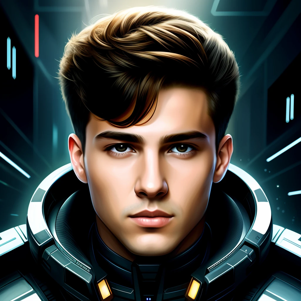 masterpiece, best quality, realistic, ultra detailed, sfw, head shot, a portrait of a young man, starsector, sci-fi style suits, tech gadgets,