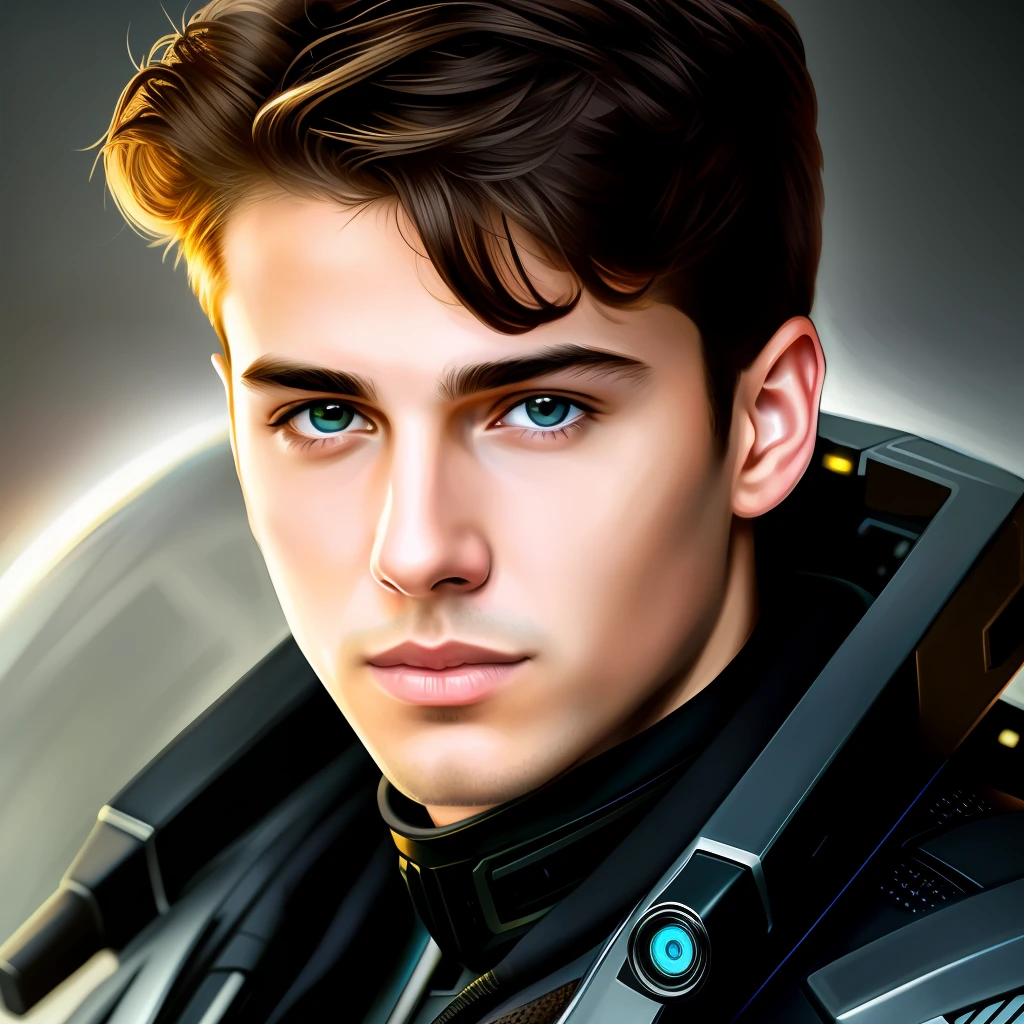 masterpiece, best quality, realistic, ultra detailed, sfw, head shot, a portrait of a young man, starsector, sci-fi style suits, tech gadgets,