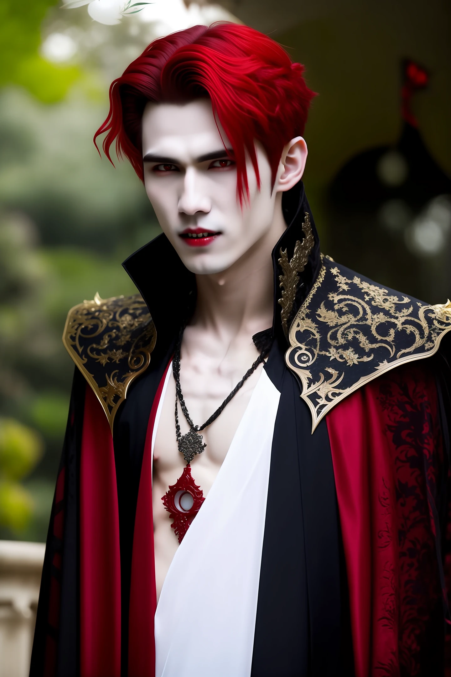 vampire prince with red colour hair , red eyes , showing fangs , tall , handsome man who lives in beautiful palace with beautiful garden which surrounds moonlight , clear vision no blur