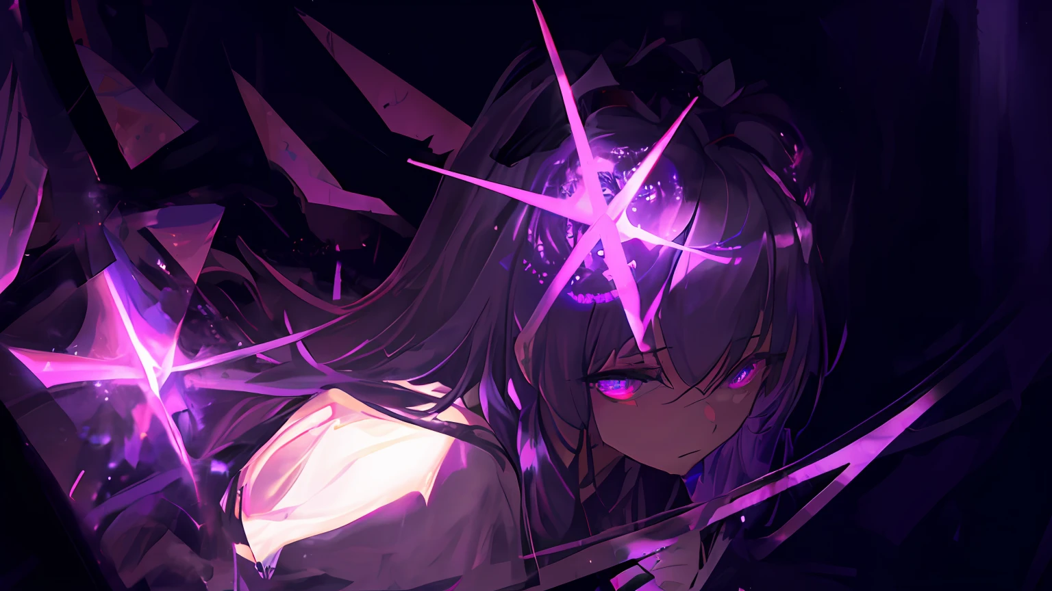 (very detailed, masterful portrait), best quality, soulful face looking at the camera, mesmerizing dark light, light coming from bright eyes surrounded by darkness., Purple eyes, purple colors, maniac, purple rays, purple color, room atmosphere, very close, only the eyes are visible