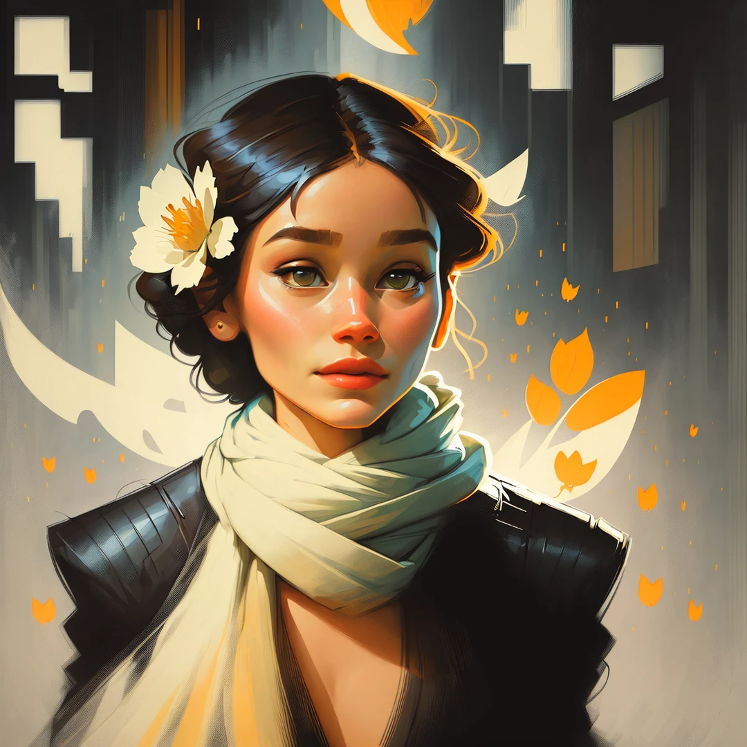 there is a woman with flowers in her hair and a scarf, martin ansin artwork portrait, stunning digital illustration, beautiful digital illustration, beautiful digital artwork, , gorgeous digital art, martin ansin, exquisite digital illustration, in style of digital illustration, beautiful digital art, a beautiful artwork illustration, beeple and alphonse mucha