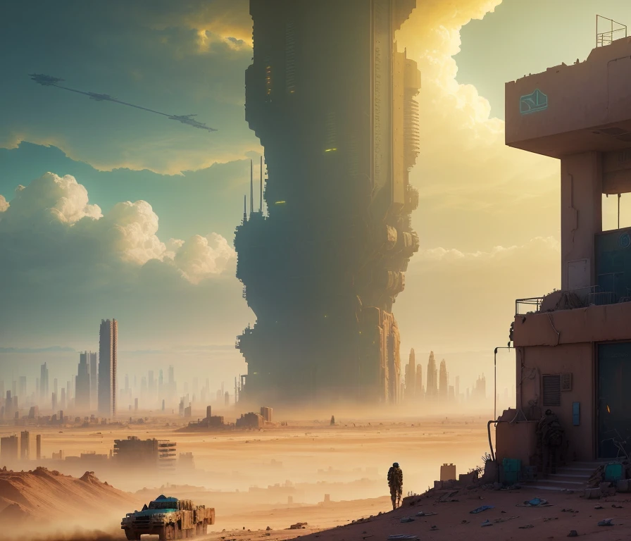 long abandoned beautiful desert dystopian cyberpunk city, sandstorm weather, clouds, tall buildings, moss, small amount of plants, after a war, ruins, hyper realistic, wasteland, destroyed vehicles and military tech, no electricity, expansive view of, space elevator in the middle that is destroyed, birdeye view