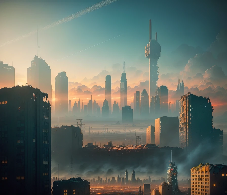 long abandoned beautiful nuclear winter dystopian cyberpunk city, sunny weather with light snowing, clouds, tall buildings, moss, small amount of plants, after a war, ruins, hyper realistic, wasteland, destroyed vehicles and military tech, no electricity, expansive view of, space elevator in the middle that is completely destroyed and left in ruins, birdeye view, unbreathable air