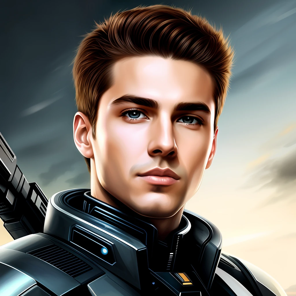 masterpiece, best quality, realistic, ultra detailed, sfw, head shot, a portrait of a young man, starsector, sci-fi style suits, tech gadgets, looking at right,