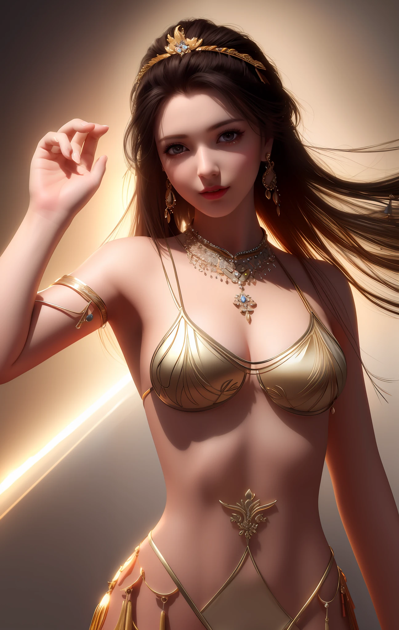 top quality, masterpiece, highres, 1 girl, china dress, hairpiece, necklace, jewelry, beautiful face, top_body, tyndall effect, photorealistic, dark studio, edge lighting, two tone lighting, (high detail skin: 1,2), 8k uhd, dslr, soft lighting, high quality, volumetric lighting, candid, photo, high resolution, 4k, 8k, bokeh, nude, hands up, armpits