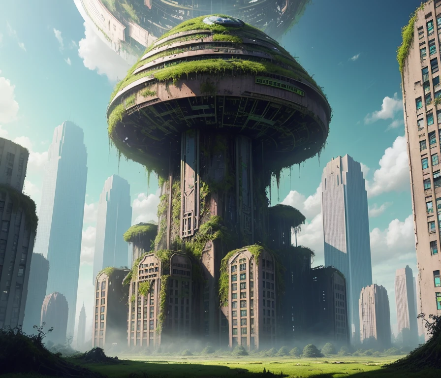 gigantic alien destroyed and abandoned hyperstructure, overgrown with moss and plants, sunny weather, massive towers, hyper realistic