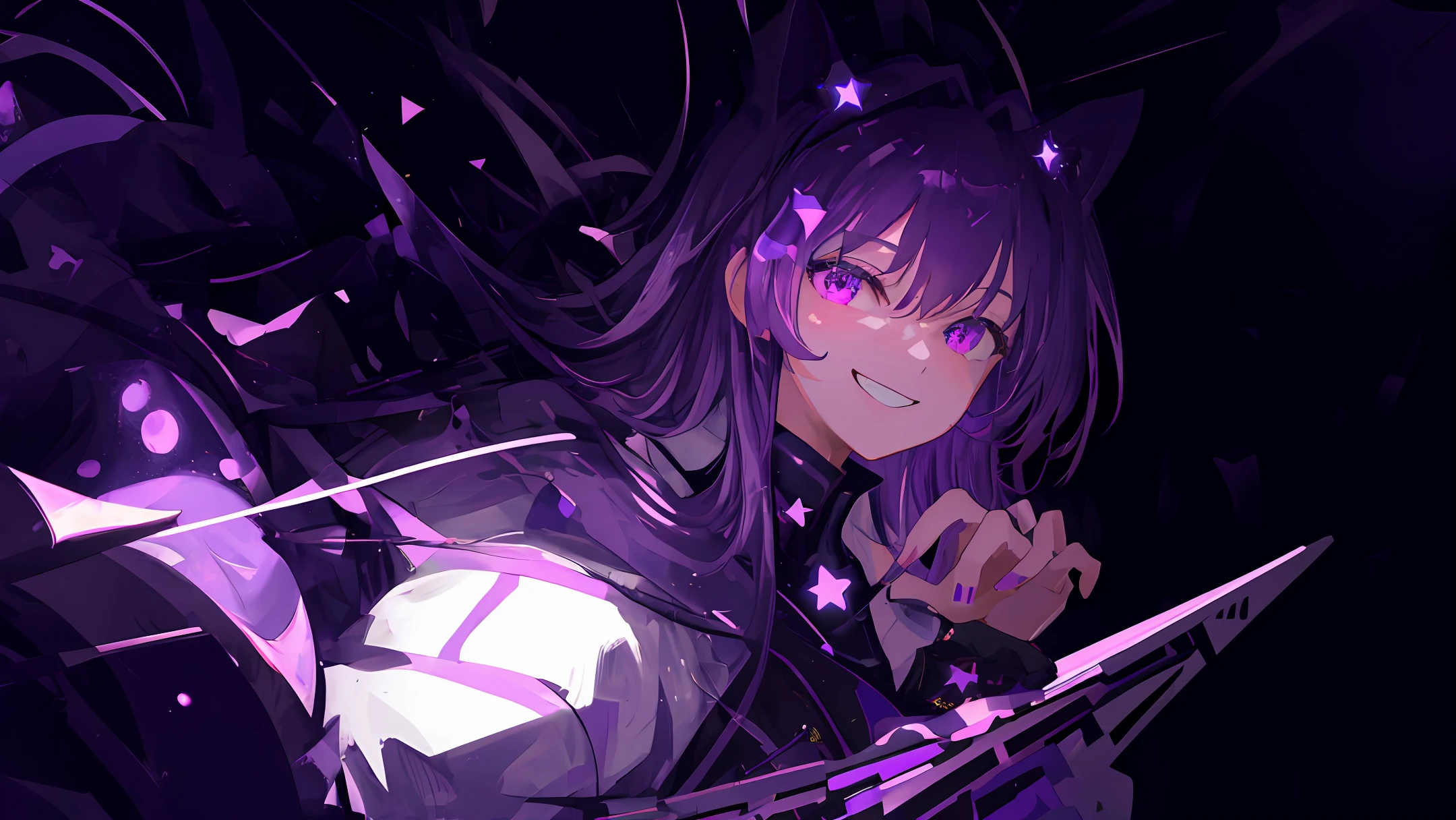 (masterpiece), best quality, ultra-detailed, purple color, smile with teeth, eyes, purple stars, sexy atmosphere, purple atmosphere.