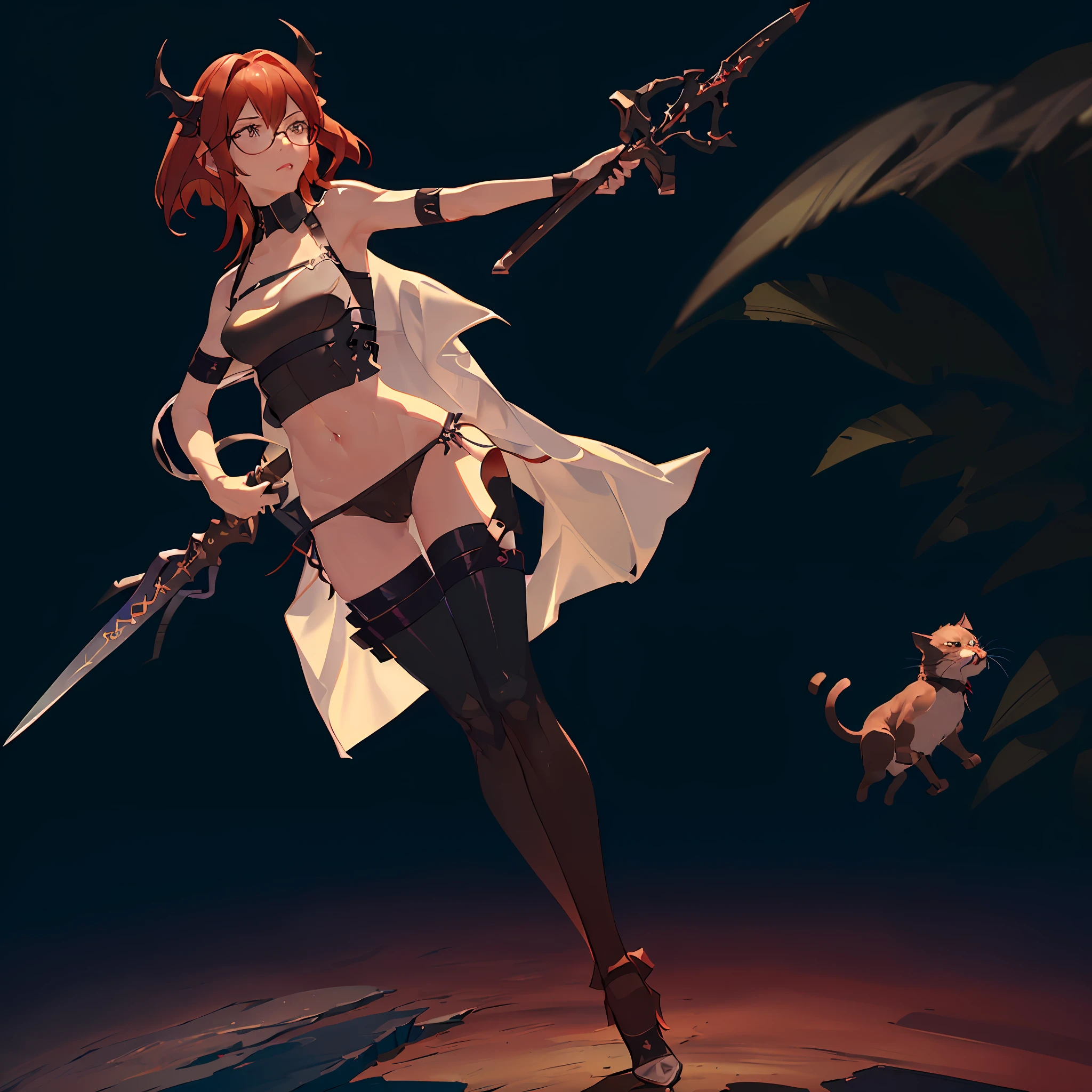 ((masterpiece, best quality)), (1 girl, small breasts), tan marks, dark skin, tan, disgust, from below, standing, hands on hips, upper body, wide shot, red short hair , cat ears, (cloak, glasses, lower milk), (breast harness, muscular, wide hips, thick thighs, navel, thigh strap, leather long pants), boots, ((holding a dagger in the handle, dagger&#39;s Battle posture, outdoors, adventurer, bandit \(final fantasy\) ))), forest, dungeon background, nature, medieval, reflected light, raytracing, delicate background, ((wide shot)) ((detailed face Features)), Shallow Depth of Field, [Volume Fog], Cinematic Lighting, Reflections, 8K Resolution, Subtle, Absurd, Realism, Absurd, High Detail, (Ray Tracing), High Resolution, Ultra Detail, Physics Base Rendering, Surreal, Natural Light, (Highly Detailed CG 8K Wallpaper), (Very Delicate and Beautiful), (Masterpiece), (Highest Quality: 1.0), (Ultra High Resolution: 1.0), Beautiful Lighting, Realistic Shadows, [HiRes], Detailed Skin, Super Detailed, (Realistic, Photorealistic: 1.4)