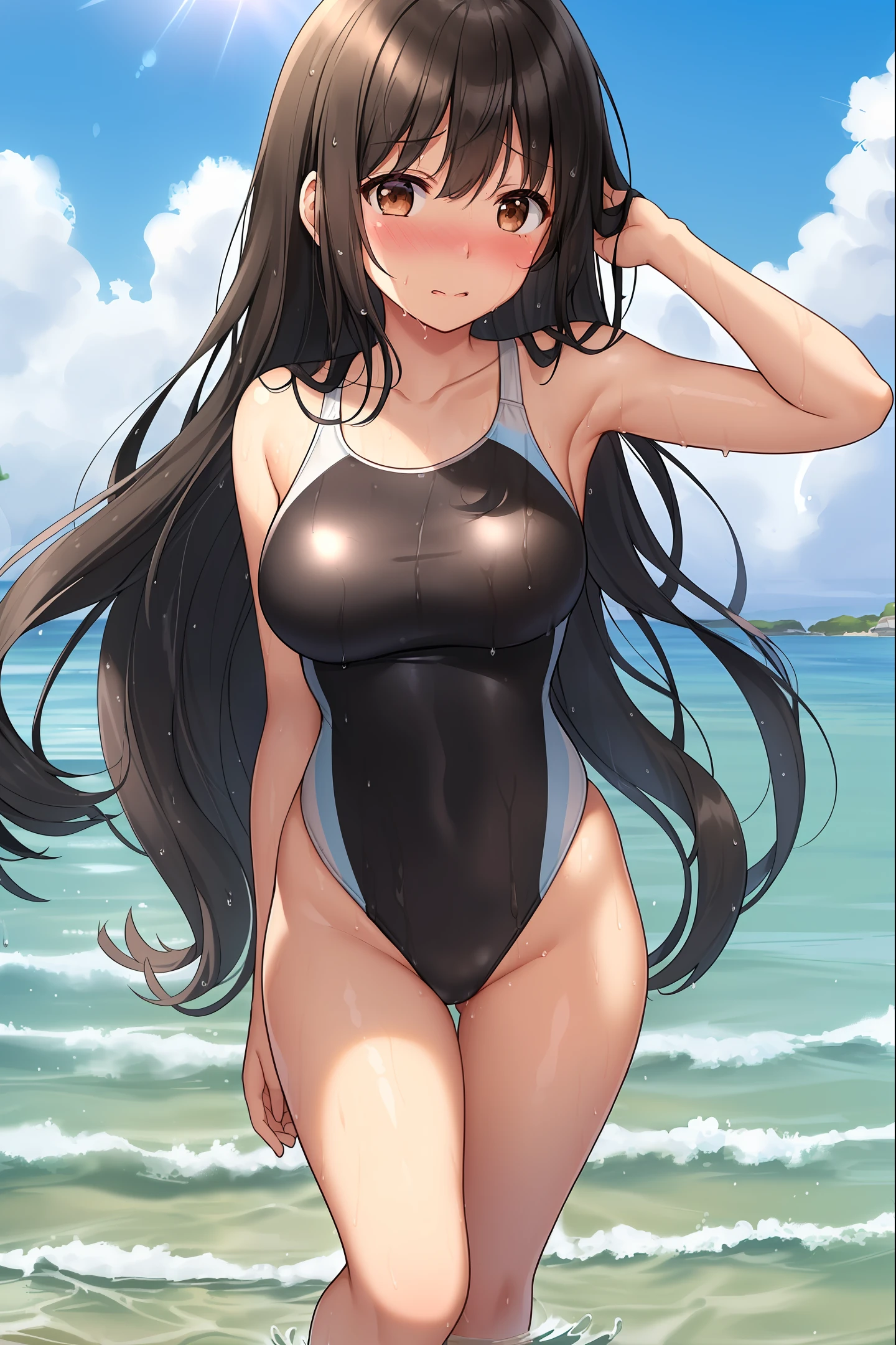 masterpiece, girl, solo, (black hair), long hair, (brown eyes), blush, embarrassed, collarbone, standing, wet, water, (competition swimsuit), (skin tight), bare arms, (high-leg), medium breasts, ((outdoor)), (beach), sunny day, (looking at viewer), lighting, best quality