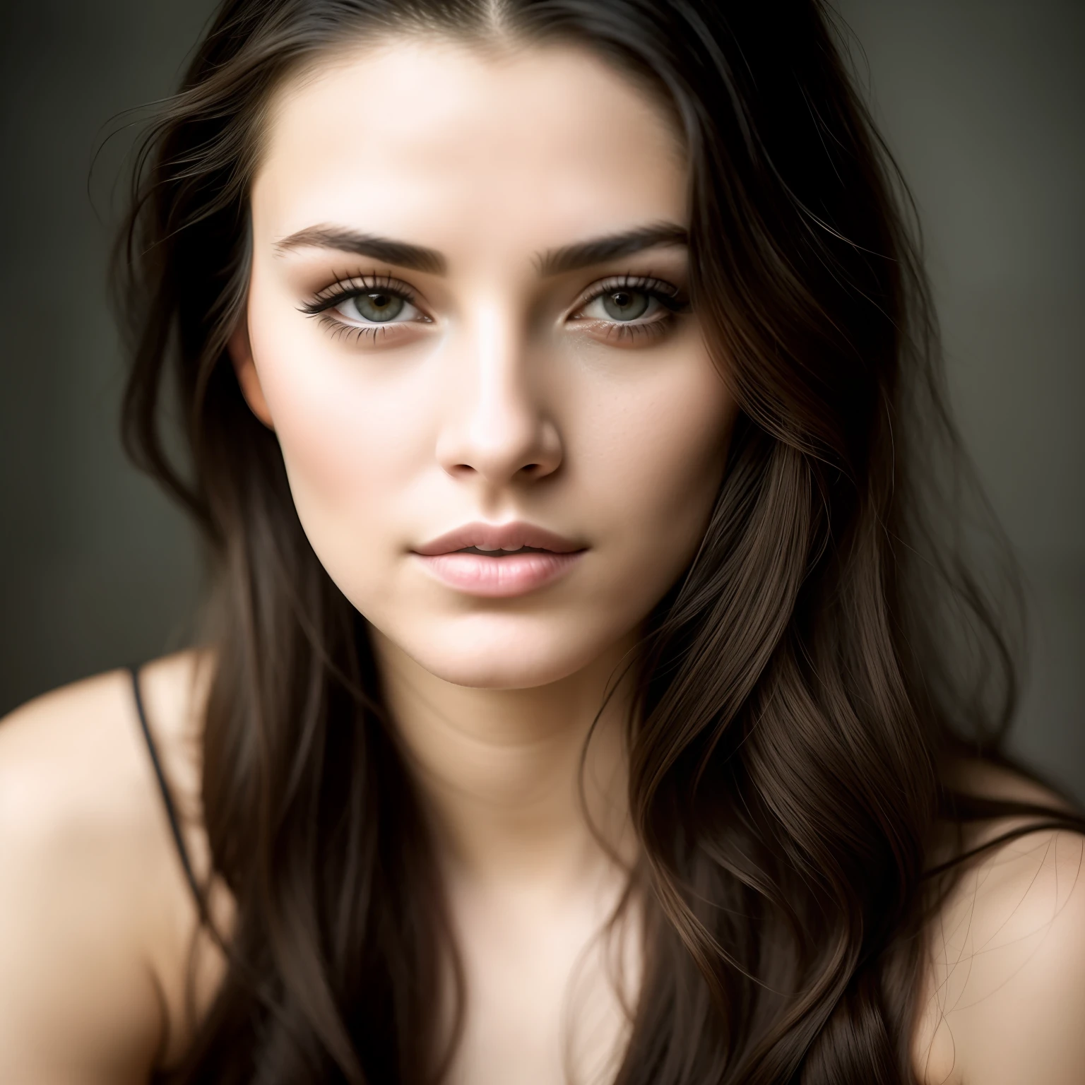 RAW, analog style, A stunning portrait of a young, beautiful woman with striking features. She should have long, flowing hair, a captivating gaze, and an alluring expression. The background should be neutral and simple, allowing the woman to be the image's focal point. Please pay close attention to the details, such as the highlights and shadows on her face and hair, to create a lifelike and realistic image. Experiment with different lighting techniques to enhance the mood and atmosphere of the portrait. The final product should be a masterpiece that captures the essence and beauty of the woman, ((highly detailed skin, skin details)), sharp focus, volumetric fog, 8k UHD, DSLR, high quality, film grain, Fujifilm XT3