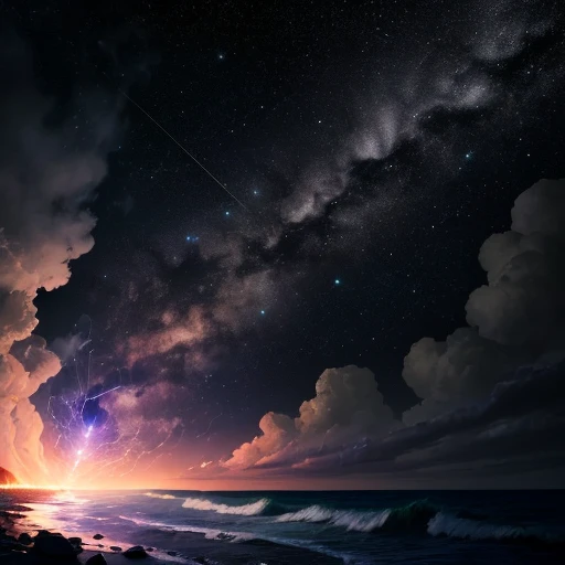 a light spark falls down from a dark sky at night.
