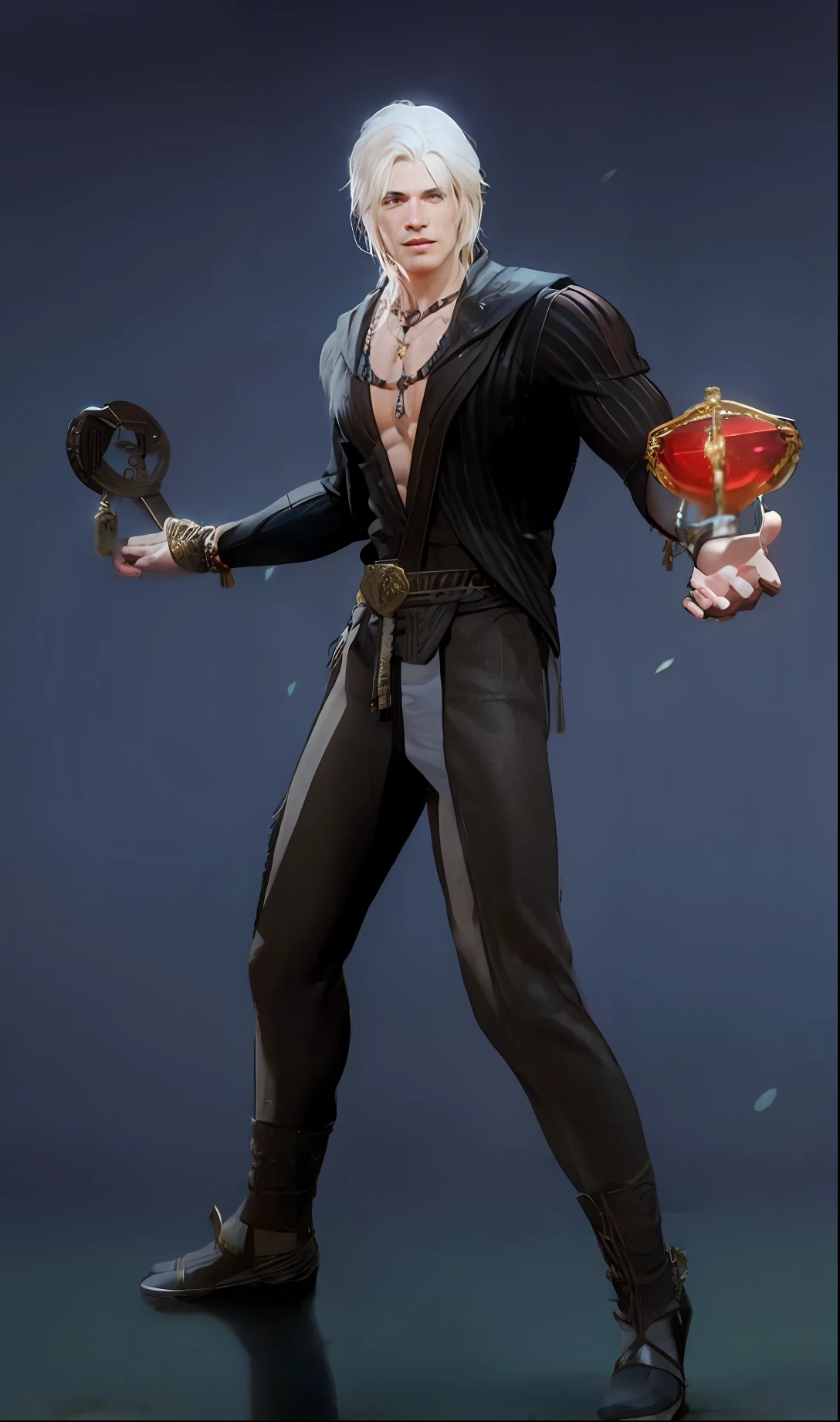 dim light, old castle, male, muscular, shirtless, brown eyes, long brown hair, bright red loincloth, holding longsword, gold necklace, gold bracelet, 8k, Unreal engine, highly detailed, octane render