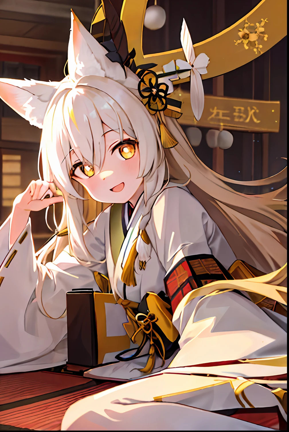 Masterpiece, best quality closeup, golden fox ears with white fluff inside, , long golden hair, yellow and white traditional kimono, brown pupils, ears of wheat on head, night in the city.