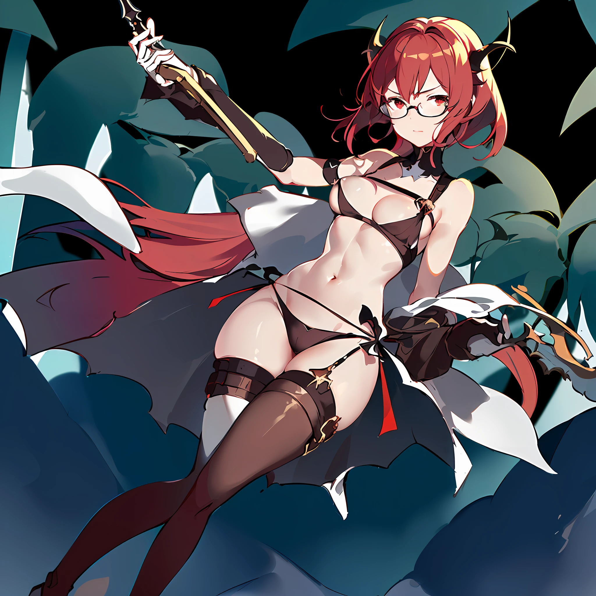 ((masterpiece, top quality)), (1 girl, small breasts), tan marks, dark skin, sunburn, disgust, from below, standing, hands on hips, upper body, wide shot, red short hair , devil horns, (cloak, glasses, lower milk), (breast harness, muscular, wide hips, thick thighs, navel, thigh strap, leather long pants), boots, ((holding a dagger in the handle, dagger&#39;s Battle posture, outdoors, adventurer, bandit \(final fantasy\) ))), forest, dungeon background, nature, medieval, reflected light, raytracing, delicate background, ((wide shot)) ((detailed face Features)), Shallow Depth of Field, [Volume Fog], Cinematic Lighting, Reflections, 8K Resolution, Subtle, Absurd, Realism, Absurd, High Detail, (Ray Tracing), High Resolution, Ultra Detail, Physics Base Rendering, Surreal, Natural Light, (Highly Detailed CG 8K Wallpaper), (Very Delicate and Beautiful), (Masterpiece), (Highest Quality: 1.0), (Ultra High Resolution: 1.0), Beautiful Lighting, Realistic Shadows, [HiRes], Detailed Skin, Super Detailed, (Realistic, Photorealistic: 1.4)