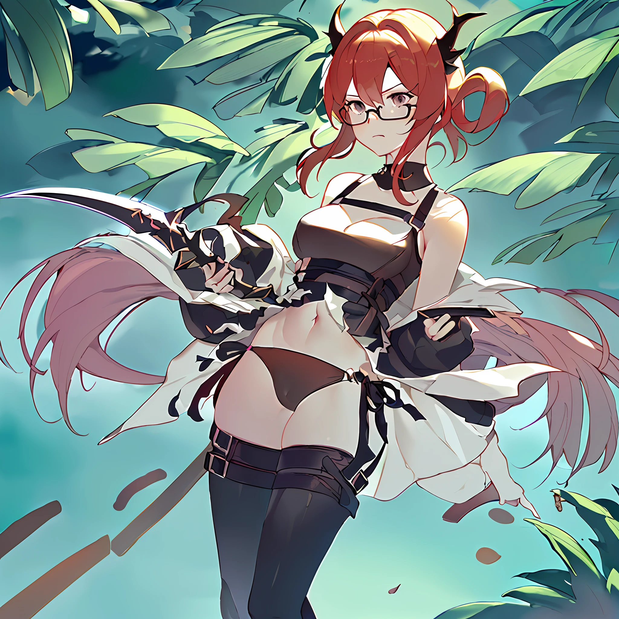 ((masterpiece, top quality)), (1 girl, small breasts), tan marks, dark skin, tan, disgust, from below, standing, hands on hips, upper body, wide shot, black short hair , cat ears, (cloak, glasses, lower milk), (breast harness, muscular, wide hips, thick thighs, navel, thigh strap, leather long pants), boots, ((holding a dagger in the handle, dagger&#39;s Battle posture, outdoors, adventurer, ninja\(final fantasy\) ))), forest, dungeon background, nature, medieval, reflected light, raytracing, delicate background, ((wide shot)) ((detailed face Features)), Shallow Depth of Field, [Volume Fog], Cinematic Lighting, Reflections, 8K Resolution, Subtle, Absurd, Realism, Absurd, High Detail, (Ray Tracing), High Resolution, Ultra Detail, Physics Base Rendering, Surreal, Natural Light, (Highly Detailed CG 8K Wallpaper), (Very Delicate and Beautiful), (Masterpiece), (Highest Quality: 1.0), (Ultra High Resolution: 1.0), Beautiful Lighting, Realistic Shadows, [HiRes], Detailed Skin, Super Detailed, (Realistic, Photorealistic: 1.4)